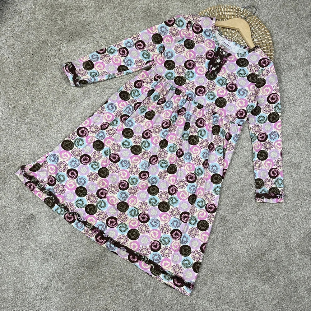 Hanna Andersson Girl’s Play Dress Long Sleeve Pink Brown Ruffle Hem Size 150/12